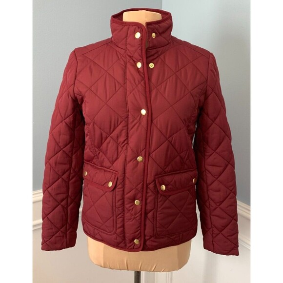 J Crew Quilted Jacket Womens S Barn Coat Patch Pockets Lined Preppy Burgundy - Picture 1 of 10